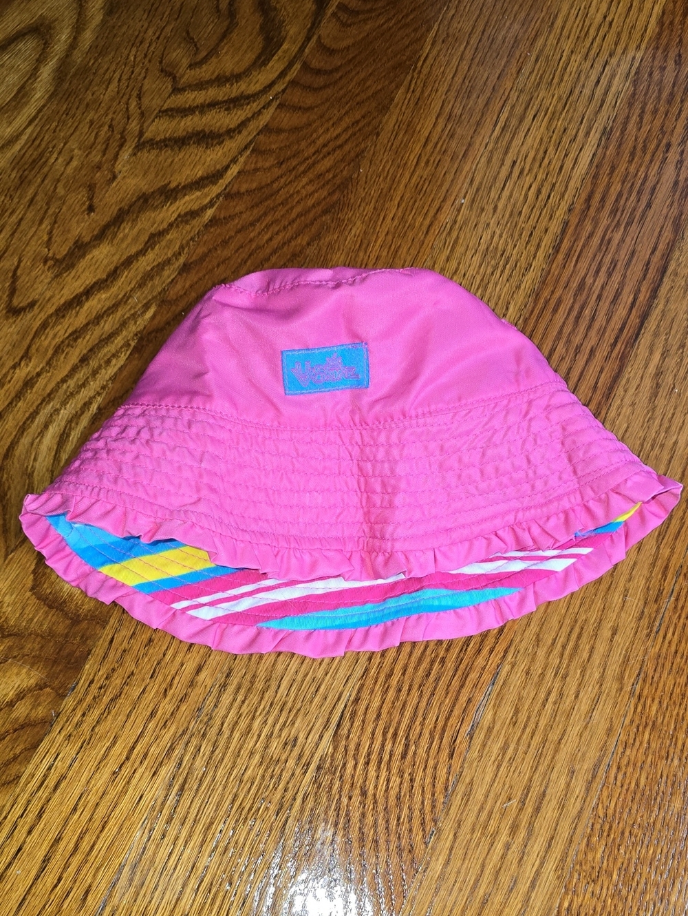 Kids Pink Ruffle Bucket Hat with Colorful Striped Undercrown